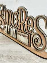 Load image into Gallery viewer, S'mores Station Shelf Sitter Sign File SVG, Summer, Camping, Marshmallows, Tiered Tray Glowforge, LuckyHeartDesignsCo