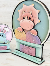 Load image into Gallery viewer, Easter Dinosaur Snow Globe Interchangeable File SVG, TINY Glowforge, Spring, Triceratops, T-rex, Bunny, Eggs Tiered Tray LuckyHeartDesignsCo