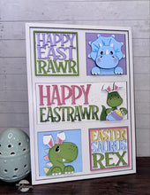 Load image into Gallery viewer, Easter Dinosaur Interchangeable Leaning Sign File SVG, Glowforge Tiered Tray, T-rex, Triceratops, Bunny, Egg, Spring, LuckyHeartDesignsCo