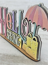 Load image into Gallery viewer, Hello Spring Shelf Sitter Sign File SVG, Tiered Tray Spring, Umbrellas, Rain Boots, Floral, Flowers, Glowforge, LuckyHeartDesignsCo