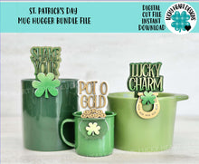 Load image into Gallery viewer, St. Patrick's Day Mug Hugger File SVG, Bundle, Glowforge Tiered Tray, lucky, Clover, Gold, Holiday, Topper, LuckyHeartDesignsCo