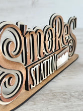 Load image into Gallery viewer, S'mores Station Shelf Sitter Sign File SVG, Summer, Camping, Marshmallows, Tiered Tray Glowforge, LuckyHeartDesignsCo
