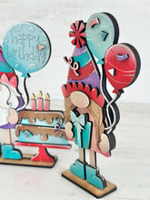 Load image into Gallery viewer, Gnome Birthday Standing File SVG, Tiered Tray, Balloons, Cake, Celebrate, Glowforge, LuckyHeartDesignsCo