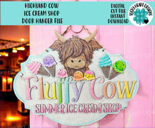 Load image into Gallery viewer, Highland Cow Ice Cream Door Hanger File SVG, Summer, Farm Summer, Glowforge, LuckyHeartDesignsCo