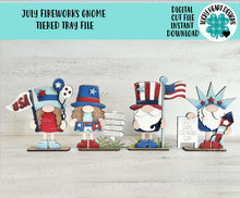 Load image into Gallery viewer, July Fireworks Gnome Tiered Tray File SVG, America, USA, Fourth, Flag, Statue of Liberty, Holiday Decor, Glowforge, LuckyHeartDesignsCo