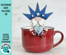 Load image into Gallery viewer, July Firework Liberty Gnome Mug Hugger File SVG, Glowforge USA, America, Tiered Tray, Tray Decor, Plant Topper, Gift, LuckyHeartDesignsCo