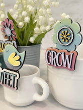 Load image into Gallery viewer, Spring Mug Hugger Bundle File SVG, Glowforge, Flower, Bird, Snail, Floral, Tiered Tray, Tray Decor, Plant Topper, Gift, LuckyHeartDesignsCo