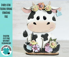 Load image into Gallery viewer, Dairy Cow Floral Spring Standing File SVG, Flower, Daisy, Farm, Milk, Tiered Tray Glowforge, LuckyHeartDesignsCo
