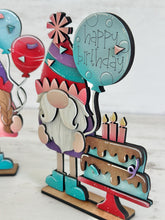 Load image into Gallery viewer, Gnome Birthday Standing File SVG, Tiered Tray, Balloons, Cake, Celebrate, Glowforge, LuckyHeartDesignsCo