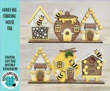 Load image into Gallery viewer, Honey Bee Standing Houses File SVG, tiered tray Glowforge, Beehive, Bumble, LuckyHeartDesignsCo