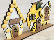 Load image into Gallery viewer, Honey Bee Standing Houses File SVG, tiered tray Glowforge, Beehive, Bumble, LuckyHeartDesignsCo