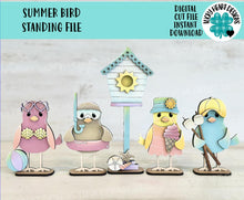 Load image into Gallery viewer, Summer Bird Standing File SVG, Glowforge, Pool, Beach, Sun, S'mores, Swimming, Tweet, Tiered Tray, Birdhouse, LuckyHeartDesignsCo
