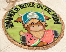 Load image into Gallery viewer, Summer Highland Door Hanger File SVG, Summer, Cow, Watermelon, Popsicle, Farm Glowforge, LuckyHeartDesignsCo