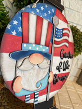 Load image into Gallery viewer, Gnome July Flag Door Hanger File SVG, Glowforge Firework, USA, America, LuckyHeartDesignsCo