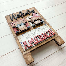 Load image into Gallery viewer, Highland July MINI Interchangeable Leaning Sign File SVG, Fourth, USA, Liberty, Cow, Farm America Tiered Tray Glowforge, LuckyHeartDesignsCo