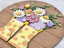 Load image into Gallery viewer, Rain Boots Floral Door Hanger Sign File SVG, Spring Flower, Daisy, Tulip, Rose, Summer, Glowforge, LuckyHeartDesignsCo