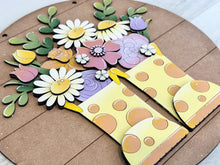 Load image into Gallery viewer, Rain Boots Floral Door Hanger Sign File SVG, Spring Flower, Daisy, Tulip, Rose, Summer, Glowforge, LuckyHeartDesignsCo