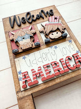 Load image into Gallery viewer, Highland July MINI Interchangeable Leaning Sign File SVG, Fourth, USA, Liberty, Cow, Farm America Tiered Tray Glowforge, LuckyHeartDesignsCo