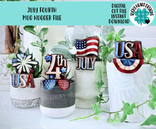 Load image into Gallery viewer, July Fourth Mug Hugger Bundle File SVG, Glowforge, USA, America, Flag, Firework, Tiered Tray, Plant Topper, Gift, LuckyHeartDesignsCo
