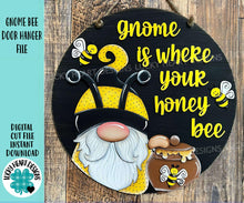 Load image into Gallery viewer, Gnome Bee Door Hanger Sign File SVG, Glowforge, Honey, Bumble, Summer, Lucky Heart Designs