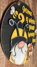 Load image into Gallery viewer, Gnome Bee Door Hanger Sign File SVG, Glowforge, Honey, Bumble, Summer, Lucky Heart Designs
