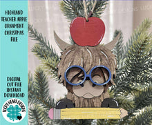 Load image into Gallery viewer, Highland Teacher Apple Christmas Ornament File SVG, Glowforge, Farm, School, Pencil, Classroom, Gift, Present, LuckyHeartDesignsCo