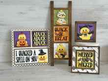 Load image into Gallery viewer, Halloween Duck Interchangeable Leaning Sign File SVG, Glowforge Tiered Tray, Vampire, Pumpkin, Candy, Witch, Mummy, LuckyHeartDesignsCo