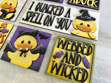 Load image into Gallery viewer, Halloween Duck Interchangeable Leaning Sign File SVG, Glowforge Tiered Tray, Vampire, Pumpkin, Candy, Witch, Mummy, LuckyHeartDesignsCo