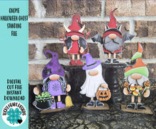 Load image into Gallery viewer, Gnome Halloween Ghost Standing File SVG, Glowforge, Tiered Tray, Mummy, Pumpkin, Witch, Cat, Vampire, LuckyHeartDesignsCo