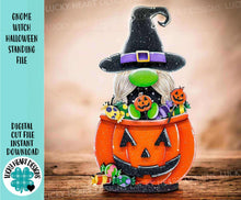 Load image into Gallery viewer, Gnome Witch Halloween Standing File SVG, Glowforge, Tiered Tray, Mummy, Pumpkin, Witch, Cat, Candy, Trick or Treat, LuckyHeartDesignsCo