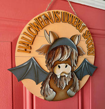 Load image into Gallery viewer, Halloween Highland Bat Door Hanger File SVG, Farm Glowforge, Dracula, Trick or Treat, Sign, Witch, LuckyHeartDesignsCo