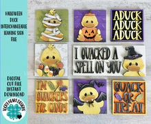 Load image into Gallery viewer, Halloween Duck Interchangeable Leaning Sign File SVG, Glowforge Tiered Tray, Vampire, Pumpkin, Candy, Witch, Mummy, LuckyHeartDesignsCo