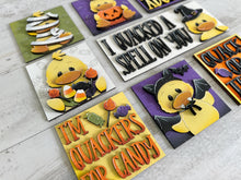 Load image into Gallery viewer, Halloween Duck Interchangeable Leaning Sign File SVG, Glowforge Tiered Tray, Vampire, Pumpkin, Candy, Witch, Mummy, LuckyHeartDesignsCo