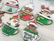 Load image into Gallery viewer, Mug Friends Christmas Ornament File SVG, Santa, Rudolph, Elf, Moose, Penguin, Snowman, Gingerbread, Stocking Glowforge, LuckyHeartDesignsCo