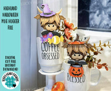 Load image into Gallery viewer, Highland Halloween Mug Hugger File SVG, Glowforge Tiered Tray, Decor Holiday Jack o lantern Plant Hugger Trick or Treat, LuckyHeartDesignsCo