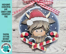 Load image into Gallery viewer, Highland Christmas Hat Candy Cane Ornament File SVG, Glowforge, Cow, Farm, LuckyHeartDesignsCo