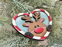 Load image into Gallery viewer, Candy Cane Heart Christmas Ornament Friends File SVG, Santa, Rudolph, Elf, Moose, Penguin Snowman Gingerbread Glowforge, LuckyHeartDesignsCo
