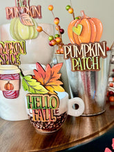 Load image into Gallery viewer, Fall Mug Hugger Bundle File SVG, Glowforge Tiered Tray, Tray Decor, Pumpkin, Leaf, Leaves, Sweater, Coffee Gift, Topper, LuckyHeartDesignsCo