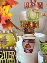 Load image into Gallery viewer, Fall Mug Hugger Bundle File SVG, Glowforge Tiered Tray, Tray Decor, Pumpkin, Leaf, Leaves, Sweater, Coffee Gift, Topper, LuckyHeartDesignsCo