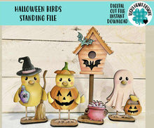 Load image into Gallery viewer, Halloween Bird Standing File SVG, Glowforge, Pumpkin, Ghost, Witch, Bat, Birdhouse, Tweet, Tiered Tray, Birdhouse, LuckyHeartDesignsCo