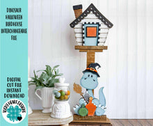 Load image into Gallery viewer, Dinosaur Halloween for the Birdhouse Interchangeable File SVG, Glowforge, Fall Trick or Treat, Seasonal, Holiday Shapes, LuckyHeartDesignsCo