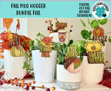 Load image into Gallery viewer, Fall Mug Hugger Bundle File SVG, Glowforge Tiered Tray, Tray Decor, Pumpkin, Leaf, Leaves, Sweater, Coffee Gift, Topper, LuckyHeartDesignsCo