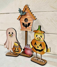 Load image into Gallery viewer, Halloween Bird Standing File SVG, Glowforge, Pumpkin, Ghost, Witch, Bat, Birdhouse, Tweet, Tiered Tray, Birdhouse, LuckyHeartDesignsCo