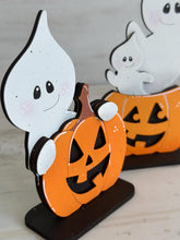 Load image into Gallery viewer, Cute Halloween Ghost Standing File SVG, Witch, Jack-o-lantern, Boo, Trick Or Treat Tiered Tray Glowforge, LuckyHeartDesignsCo