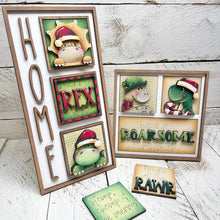 Load image into Gallery viewer, Christmas Dinosaur MINI Interchangeable Leaning Sign File SVG, Triceratops, Rudolph, Santa, Elf, Tiered Tray Glowforge, LuckyHeartDesignsCo