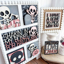 Load image into Gallery viewer, Cute Skeleton Interchangeable Leaning Sign File SVG, Glowforge Tiered Tray, Halloween, Skull, Pumpkin Boo Trick or Treat LuckyHeartDesignsCo