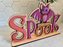 Load image into Gallery viewer, Bat Halloween Shelf Sitter File SVG, Cute, Boo, Spooky, Trick Or Treat Tiered Tray Glowforge, LuckyHeartDesignsCo