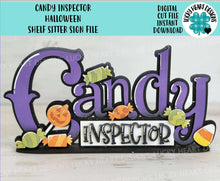Load image into Gallery viewer, Candy Inspector Shelf Sitter Standing Sign File SVG, Fall Glowforge, Trick-or-Treat, Candy Corn, Halloween, Candy, LuckyHeartDesignsCo
