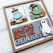 Load image into Gallery viewer, Dinosaur Halloween Interchangeable Leaning Sign File SVG, Glowforge Tiered Tray, Ghost, Candy, Boo, Trick or Treat, LuckyHeartDesignsCo
