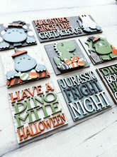 Load image into Gallery viewer, Dinosaur Halloween Interchangeable Leaning Sign File SVG, Glowforge Tiered Tray, Ghost, Candy, Boo, Trick or Treat, LuckyHeartDesignsCo